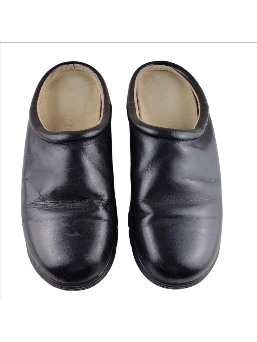 Timberland Black Leather Closed Round Toe Stacked Low Heel Slip On Mule Shoe
